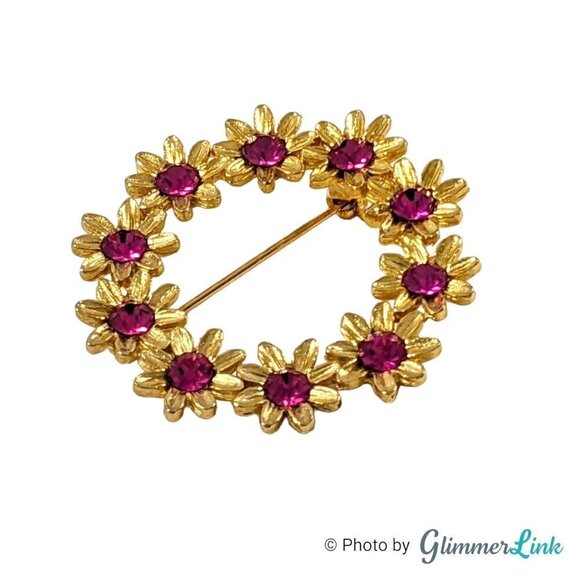 Vintage Floral Pink  Rhinestone Circle Wreath Gold Tone Brooch Pin - Picture 1 of 4